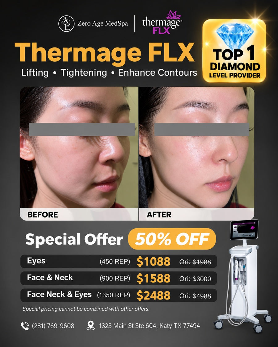 Thermage FLX before and after facial results with 50% off pricing for eyes, face & neck at Zero Age MedSpa, Katy & Houston
