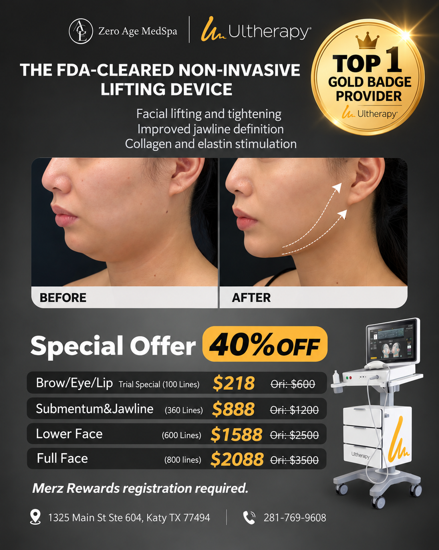 Ultherapy PRIME before and after jawline lifting results with 40% off pricing for brow, eye, jawline and full face at Zero Age MedSpa, Katy & Houston