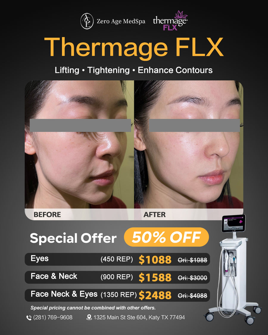 Thermage FLX before and after facial results with 50% off pricing for eyes, face & neck at Zero Age MedSpa, Katy & Houston