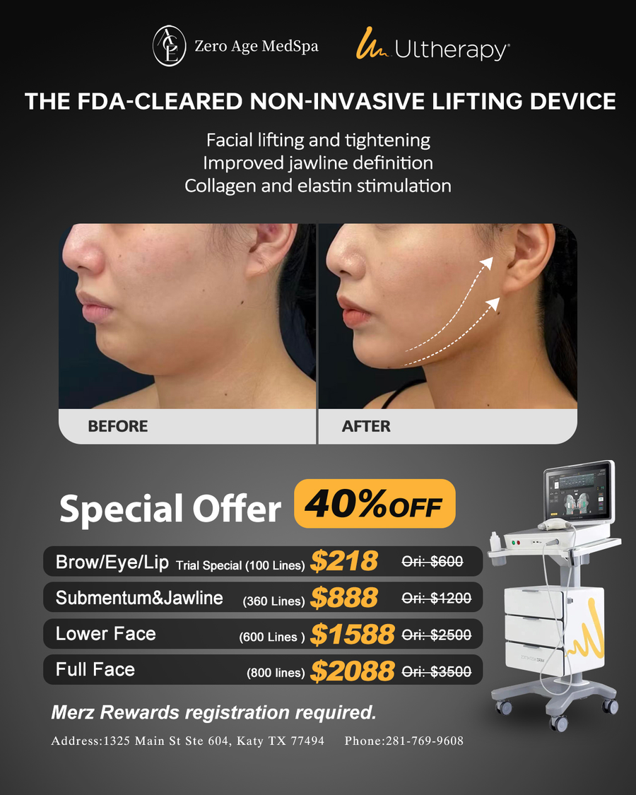 Ultherapy PRIME before and after jawline lifting results with 40% off pricing for brow, eye, jawline and full face at Zero Age MedSpa, Katy & Houston